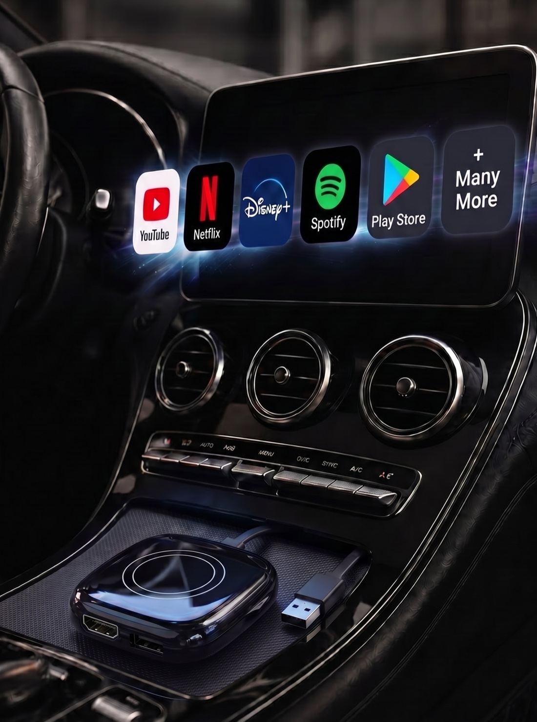 NovaPlay in a car — YouTube, Netflix, Disney+ and Spotify on the dashboard screen